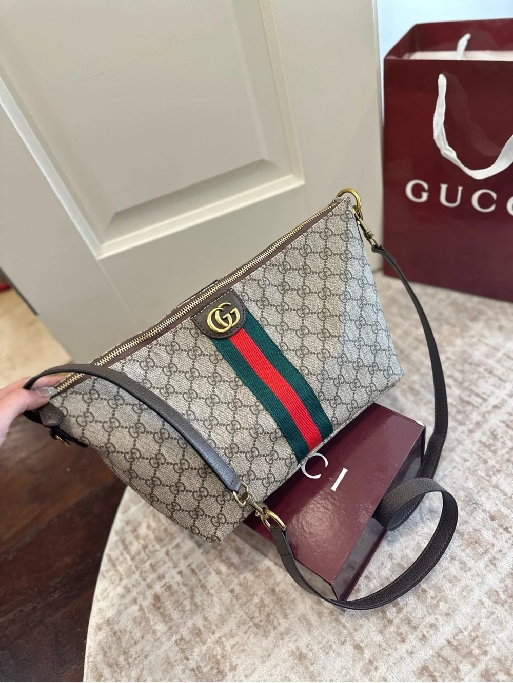 Gucci Beige GG Canvas Shoulder Tote with Green and Red Web Stripe